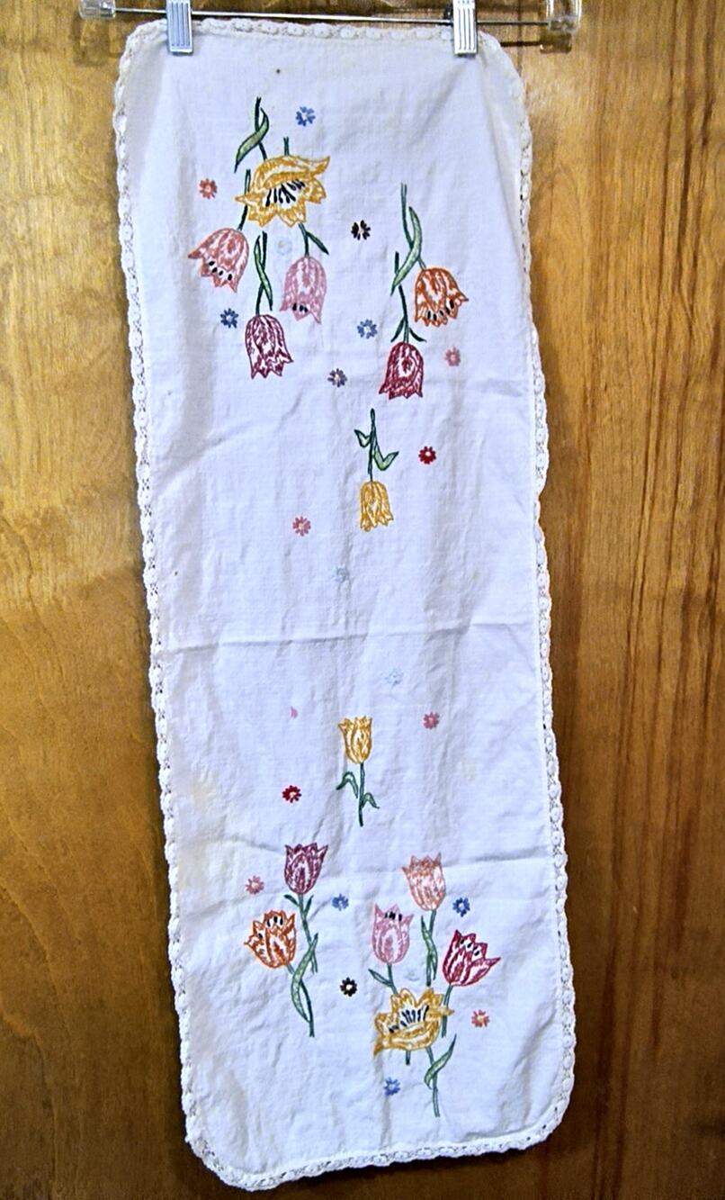 1630.  Cotton Table Runner Embroidered Tulips 13 x 33